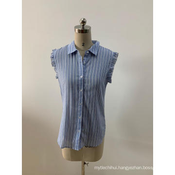 Sleeveless Light Blue Striped Blouse For Women